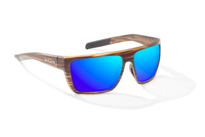 Bajio Zapata Sunglasses - Angled View, Brown Grass Matte Frame with Blue Mirror Lens