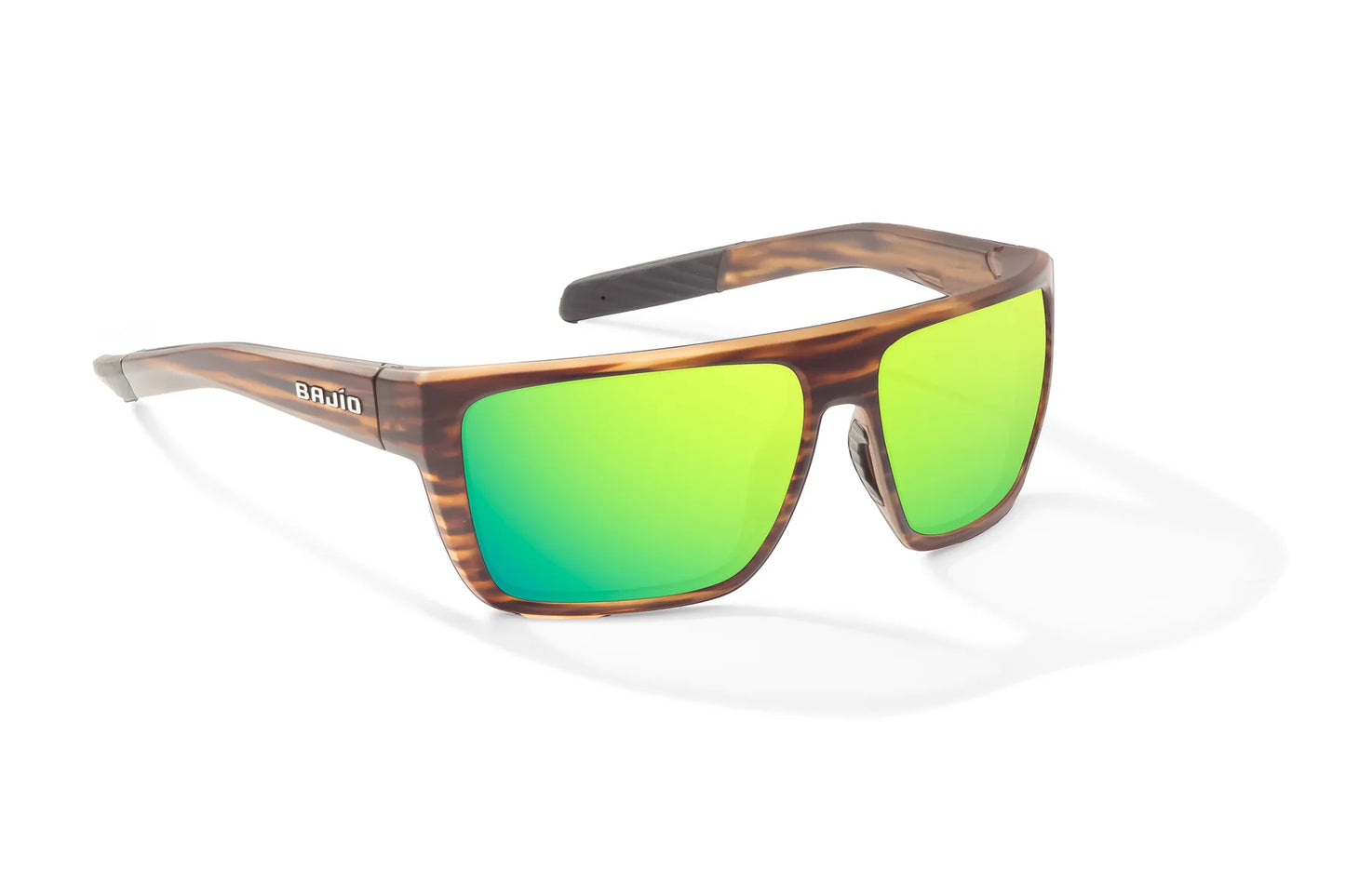 Bajio Zapata Sunglasses - Angled View, Brown Grass Matte Frame with Green Mirror Lens