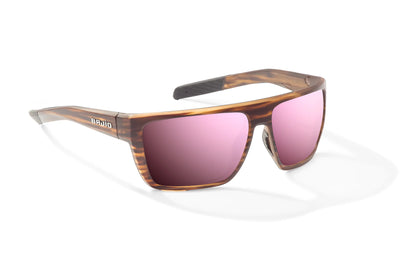 Bajio Zapata Sunglasses - Angled View, Brown Grass Matte Frame with Rose Mirror Lens