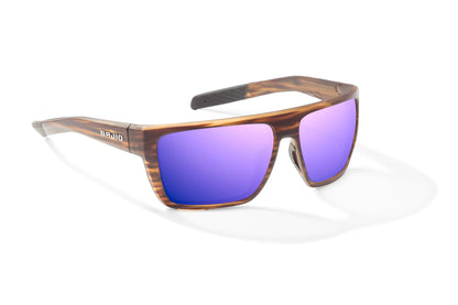 Bajio Zapata Sunglasses - Angled View, Brown Grass Matte Frame with Violet Mirror Lens