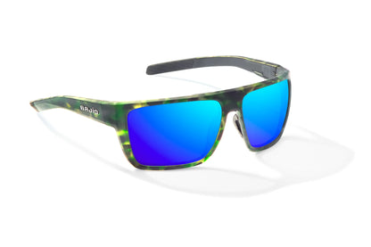Bajio Zapata Sunglasses - Angled View, Green Water Matte Frame with Blue Mirror Lens