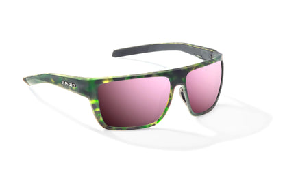 Bajio Zapata Sunglasses - Angled View, Green Water Matte Frame with Rose Mirror Lens