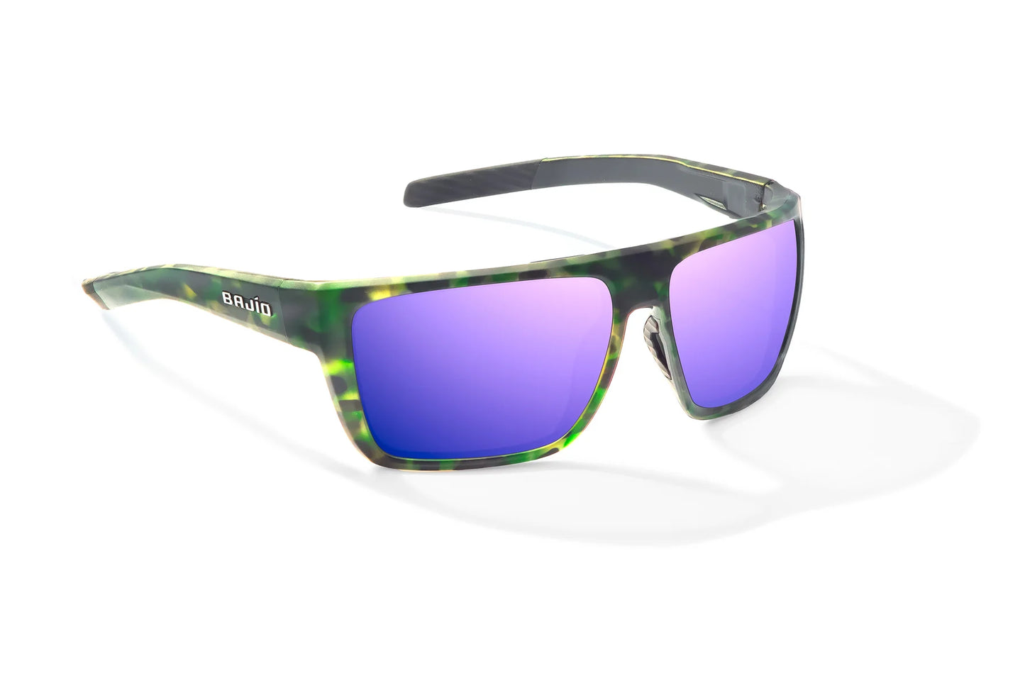 Bajio Zapata Sunglasses - Angled View, Green Water Matte Frame with Violet Mirror Lens
