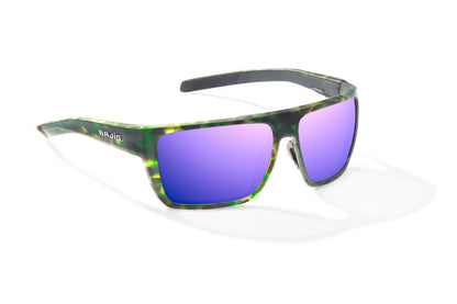 Bajio Zapata Sunglasses - Angled View, Green Water Matte Frame with Violet Mirror Lens