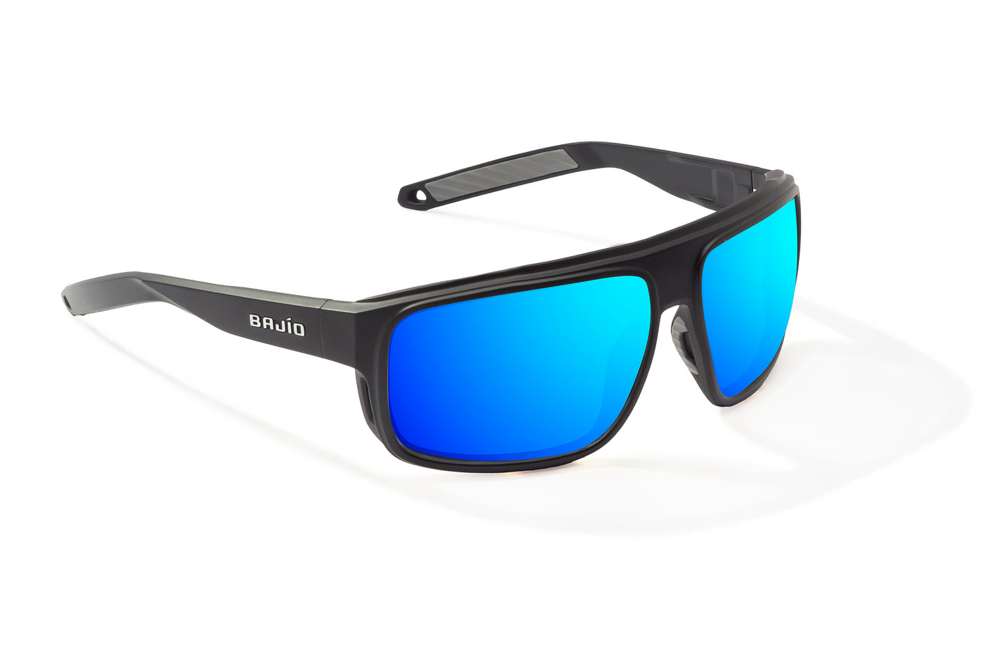 Bajío Greenland Sunglasses - Angled View, Black Matte Frame with Blue Mirror Lens