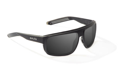 Bajío Greenland Sunglasses - Angled View, Black Matte Frame with Gray Lens