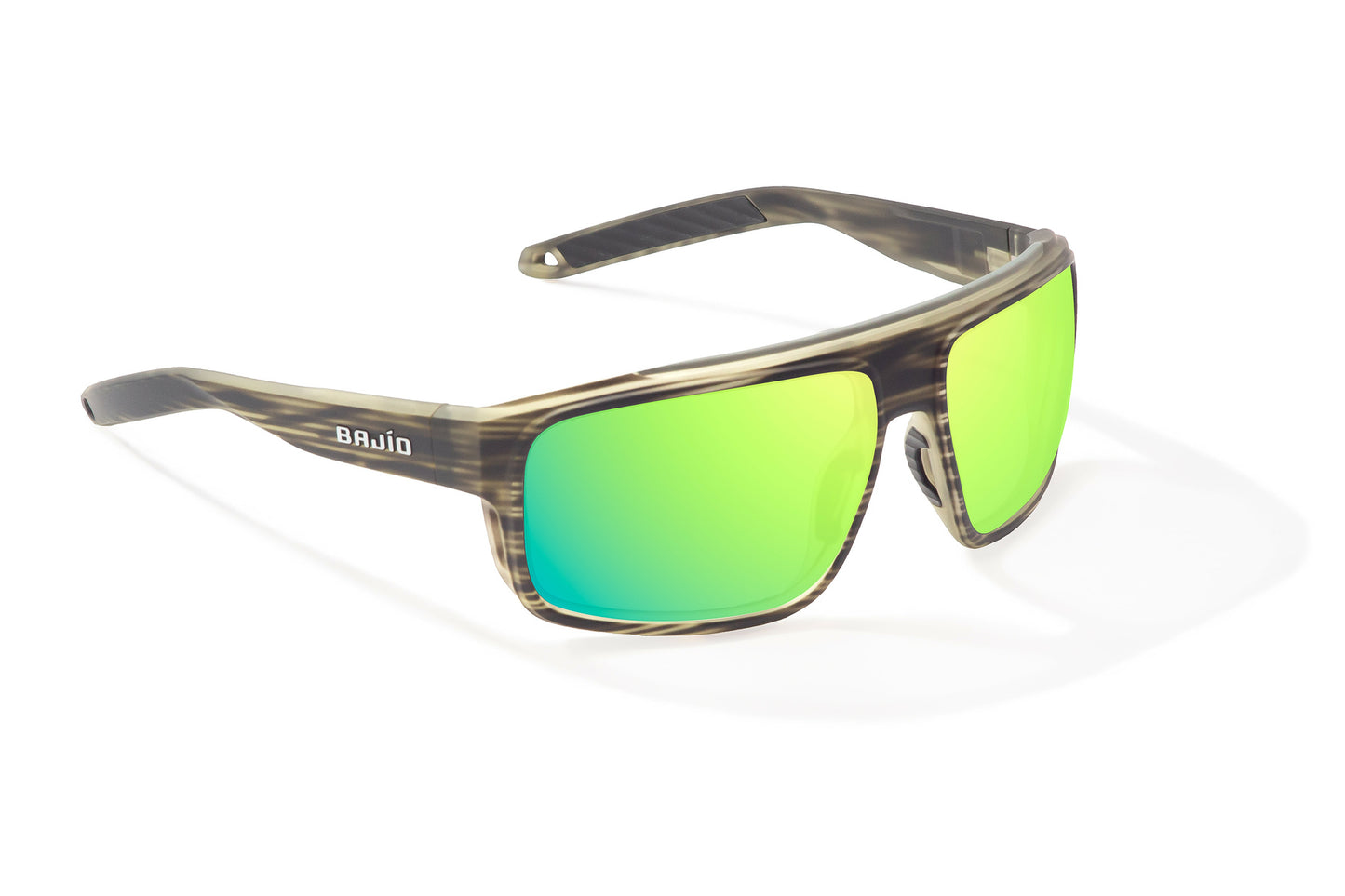 Bajío Greenland Sunglasses - Angled View, Gray Grass Matte Frame with Green Mirror Lens