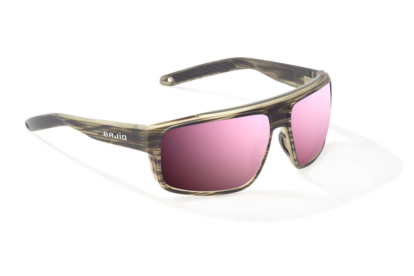 Bajío Greenland Sunglasses - Angled View, Gray Grass Matte Frame with Rose Mirror Lens
