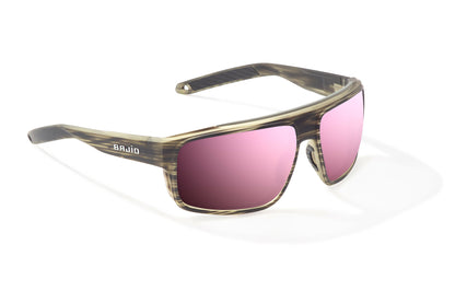 Bajío Greenland Sunglasses - Angled View, Gray Grass Matte Frame with Rose Mirror Lens