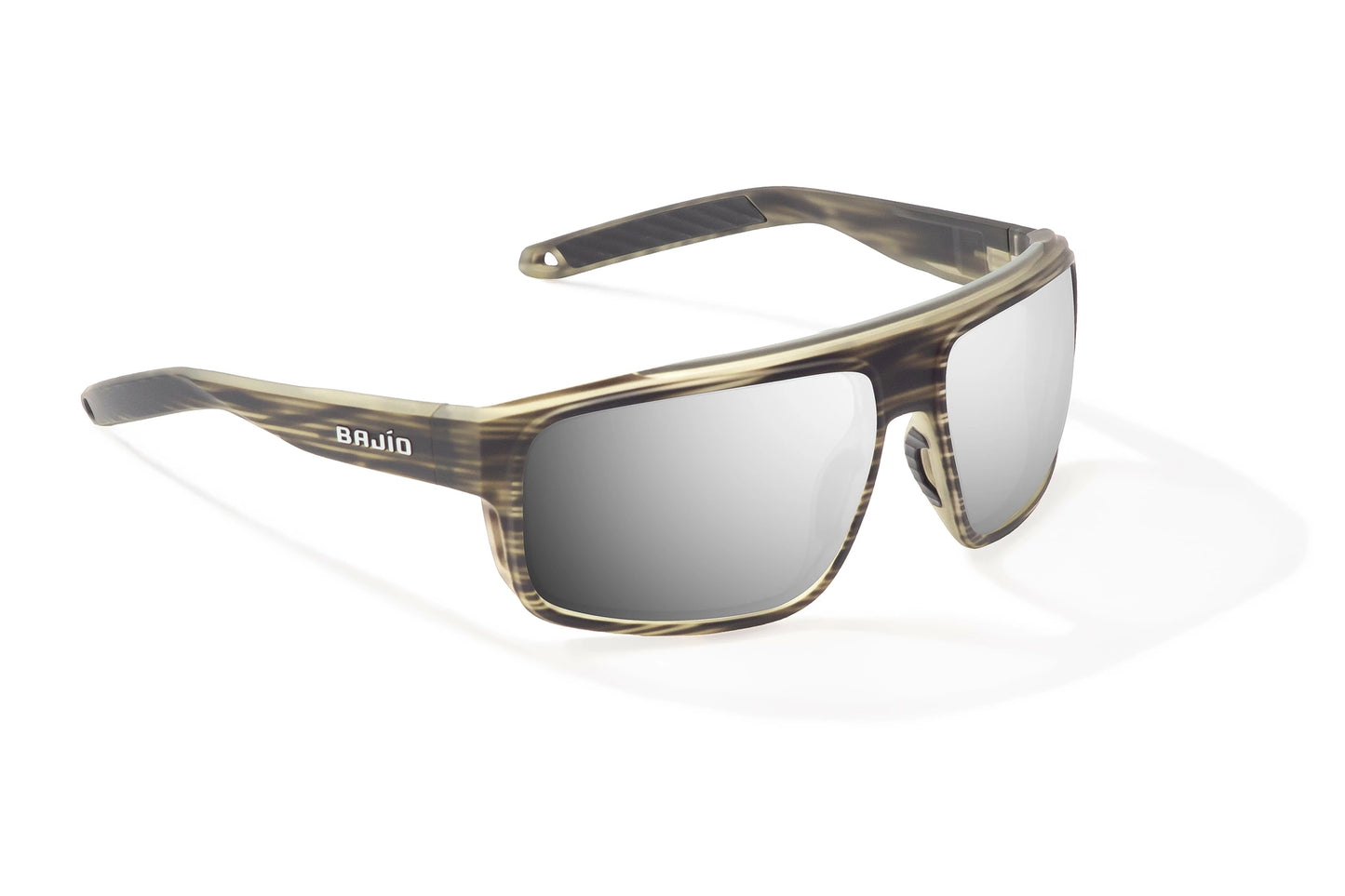 Bajío Greenland Sunglasses - Angled View, Gray Grass Matte Frame with Silver Mirror Lens
