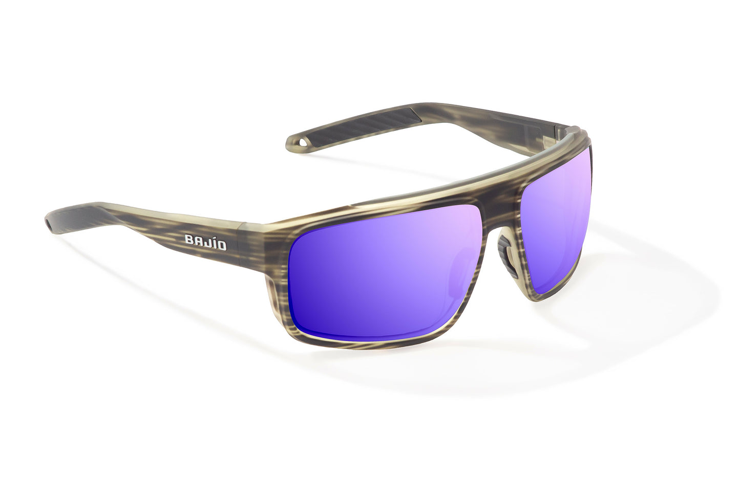 Bajío Greenland Sunglasses - Angled View, Gray Grass Matte Frame with Violet Mirror Lens