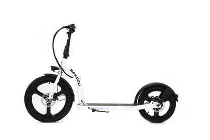 Bakcou Badger Electric Scooter - Left Side View, Gloss White Frame with Front and Rear Disc Brakes
