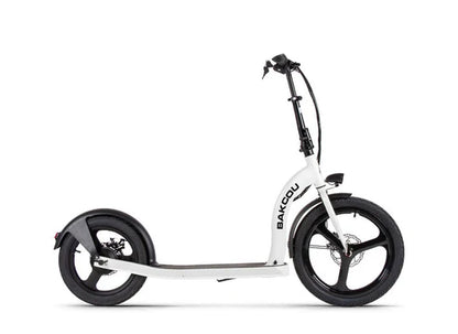Bakcou Badger Electric Scooter - Right Side View, Gloss White Frame with 20-inch Front Tire and 16-inch Rear Tire