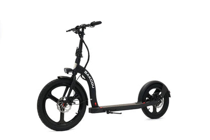 Bakcou Badger Electric Scooter - Left Angle View, Matte Black Frame with 36V Battery and Wide Handlebars