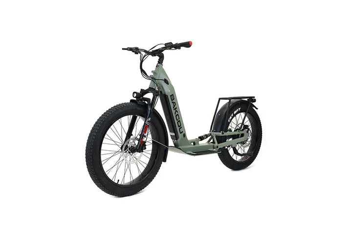 Bakcou Grizzly Electric Hunting Scooter - Left Angle View, Army Green Matte Frame with Fat Tires and Full Suspension