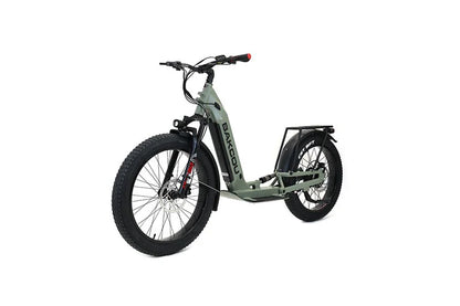 Bakcou Grizzly Electric Hunting Scooter - Left Angle View, Army Green Matte Frame with Fat Tires and Full Suspension