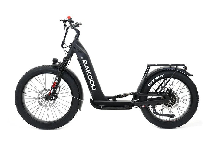 Bakcou Grizzly Electric Hunting Scooter - Left Side View, Matte Black Frame with Rear Pannier Rack