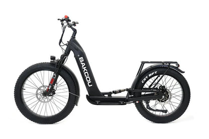 Bakcou Grizzly Electric Hunting Scooter - Left Side View, Matte Black Frame with Rear Pannier Rack
