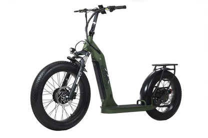 Bakcou Timberwolf AWD Electric Scooter - Left Angle View, Matte Army Green Frame with Dual 750W Motors and All-Wheel Drive