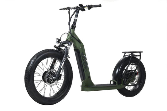 Bakcou Timberwolf AWD Electric Scooter - Left Angle View, Matte Army Green Frame with Dual 750W Motors and All-Wheel Drive