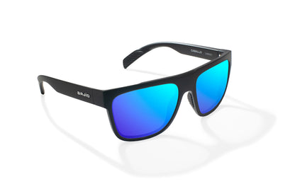 Bajio Caballo Sunglasses - Angled View, Black Matte Frame with Blue Mirror Lens
