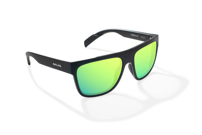 Bajio Caballo Sunglasses - Angled View, Black Matte Frame with Green Mirror Lens