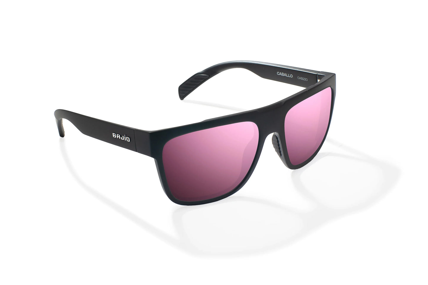 Bajio Caballo Sunglasses - Angled View, Black Matte Frame with Rose Mirror Lens