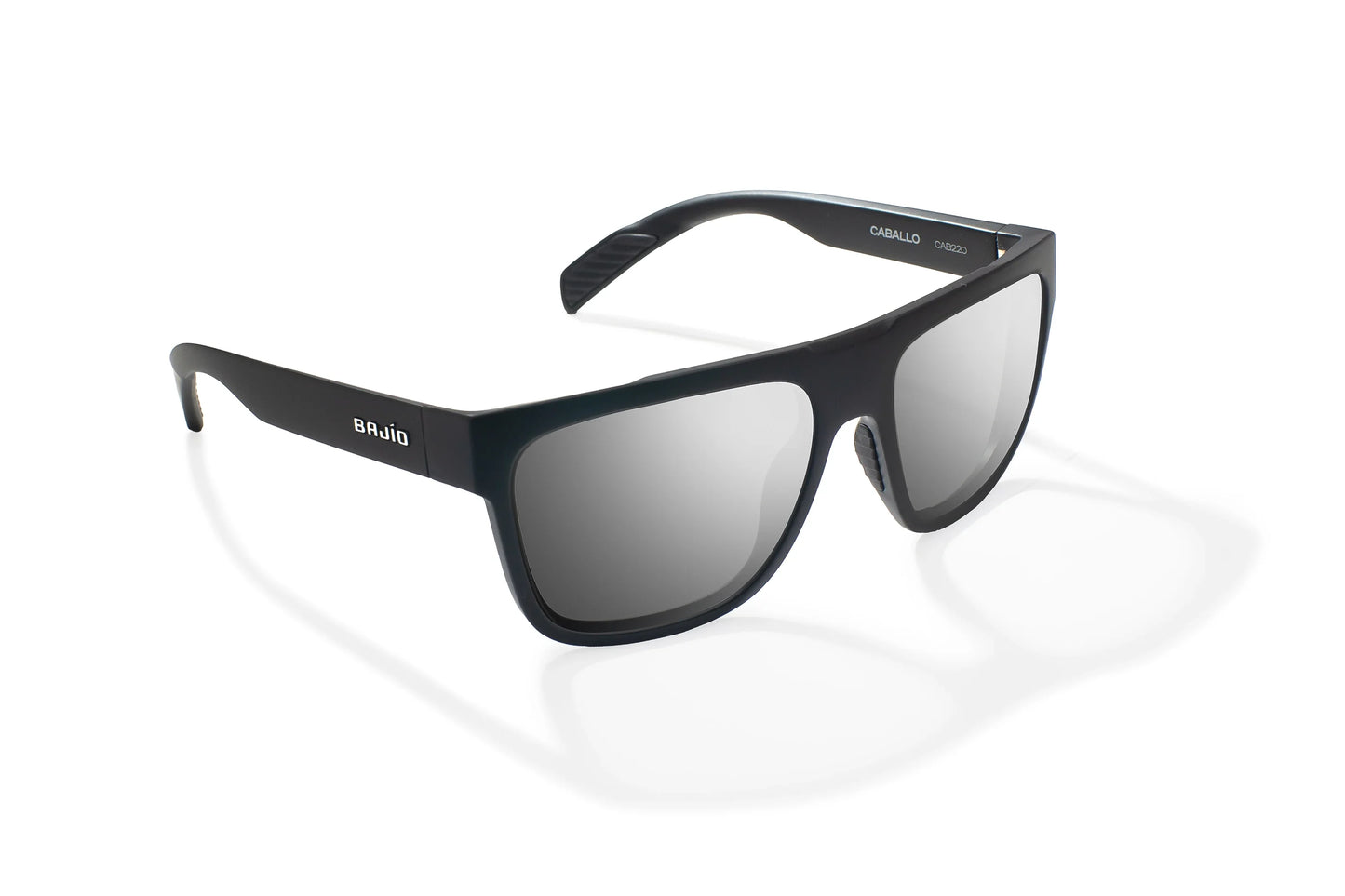Bajio Caballo Sunglasses - Angled View, Black Matte Frame with Silver Mirror Lens