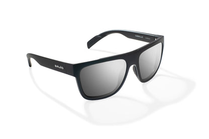 Bajio Caballo Sunglasses - Angled View, Black Matte Frame with Silver Mirror Lens