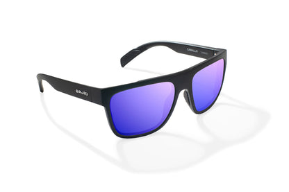 Bajio Caballo Sunglasses - Angled View, Black Matte Frame with Violet Mirror Lens