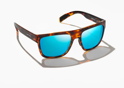 Bajio Caballo Sunglasses - Angled View, Brown Tort Gloss Frame with Blue Mirror Lens