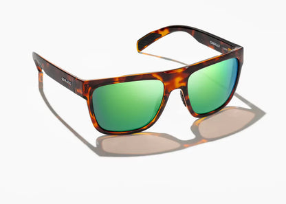 Bajio Caballo Sunglasses - Angled View, Brown Tort Gloss Frame with Green Mirror Lens