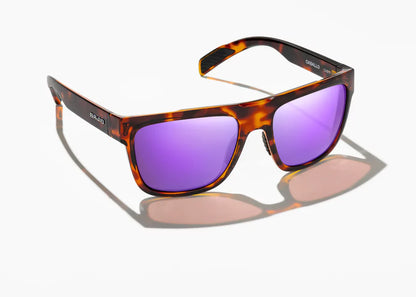 Bajio Caballo Sunglasses - Angled View, Brown Tort Gloss Frame with Violet Mirror Lens