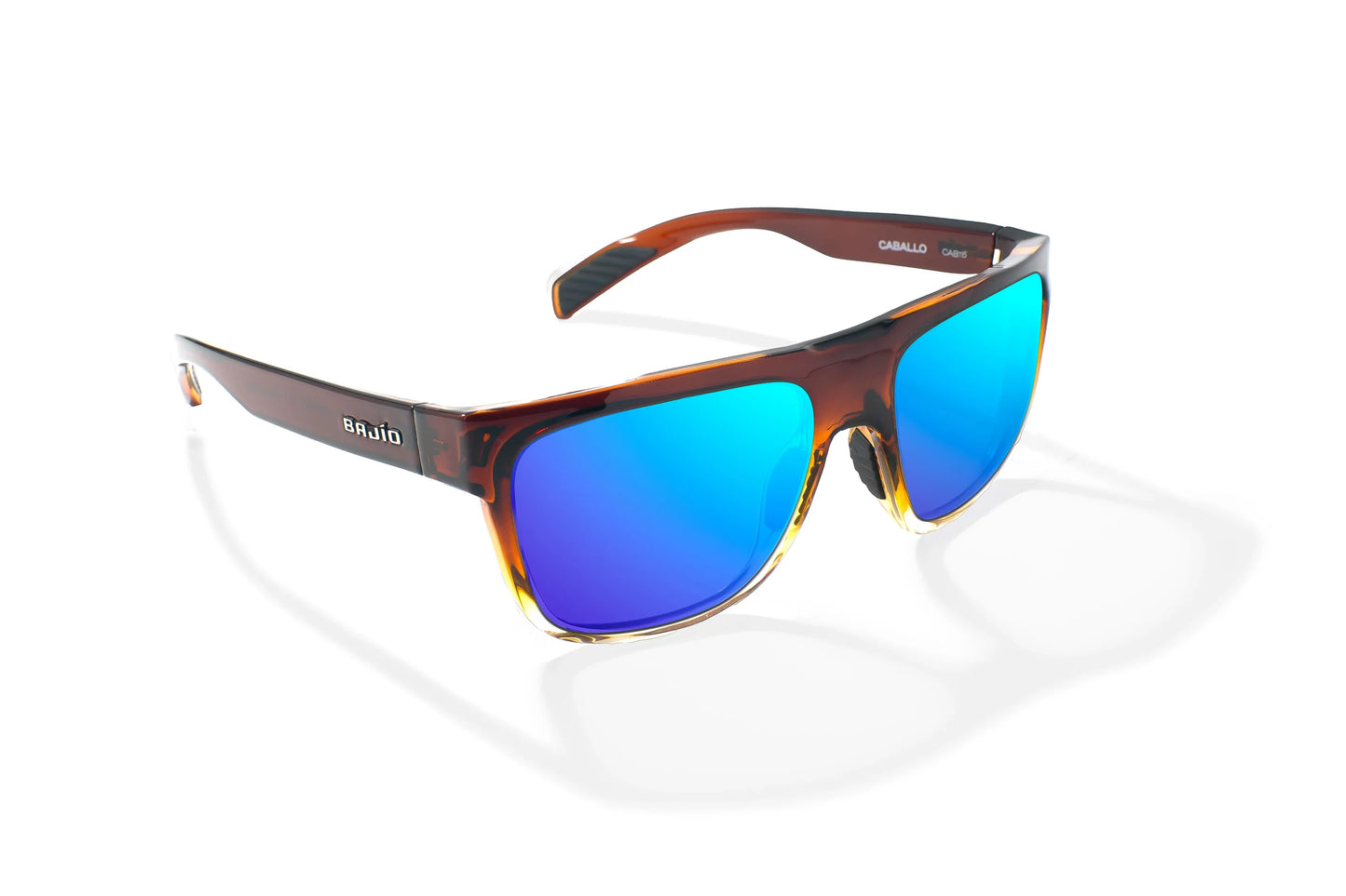 Bajio Caballo Sunglasses - Angled View, Whiskey Fade Gloss Frame with Blue Mirror Lens