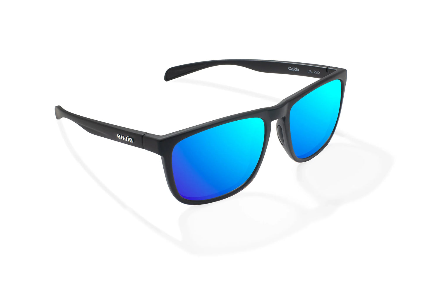 Bajio Calda Sunglasses - Angled View, Black Matte Frame with Blue Mirror Lens