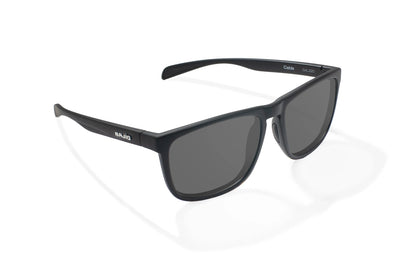Bajio Calda Sunglasses - Angled View, Black Matte Frame with Gray Lens