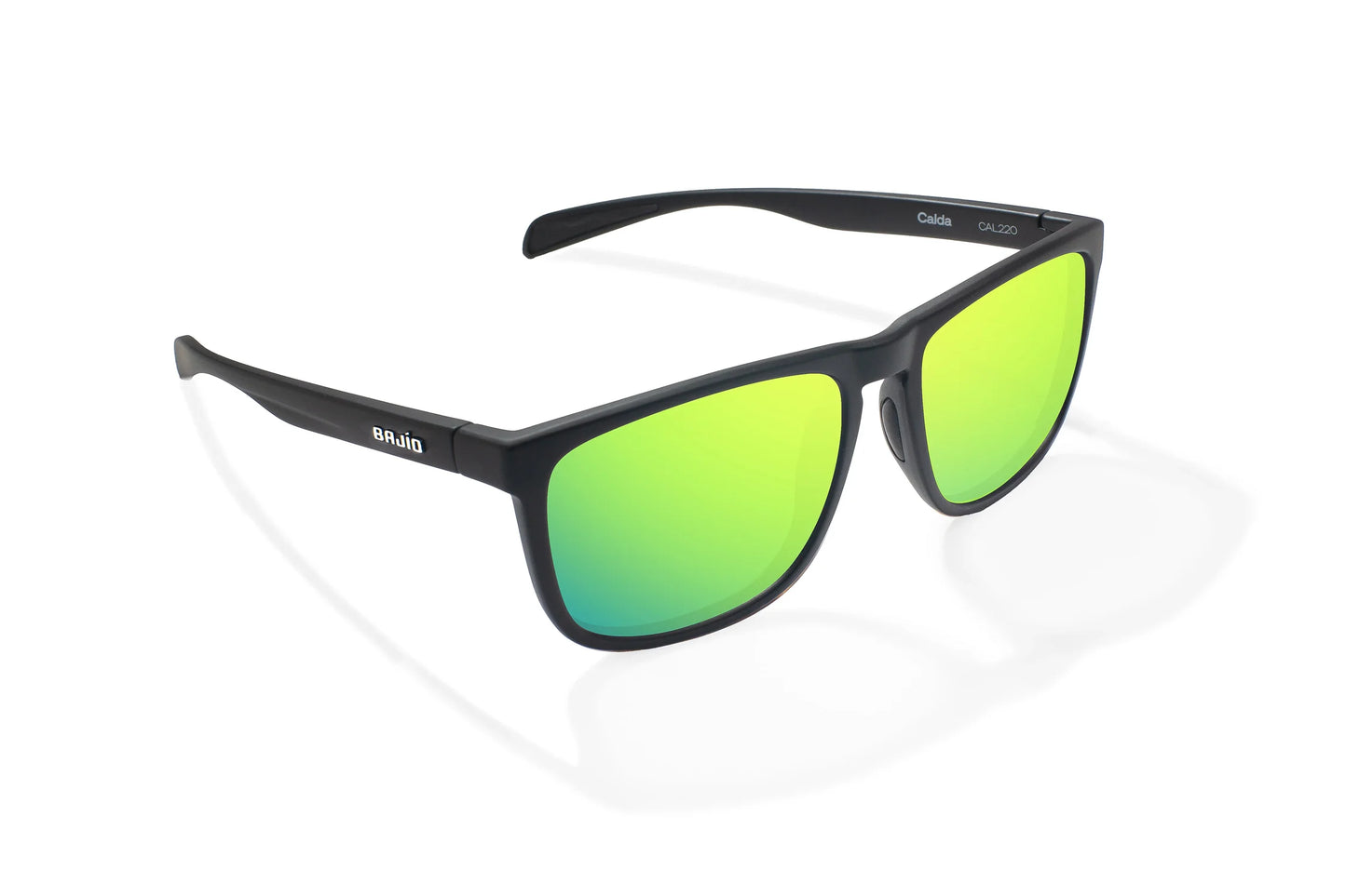 Bajio Calda Sunglasses - Angled View, Black Matte Frame with Green Mirror Lens