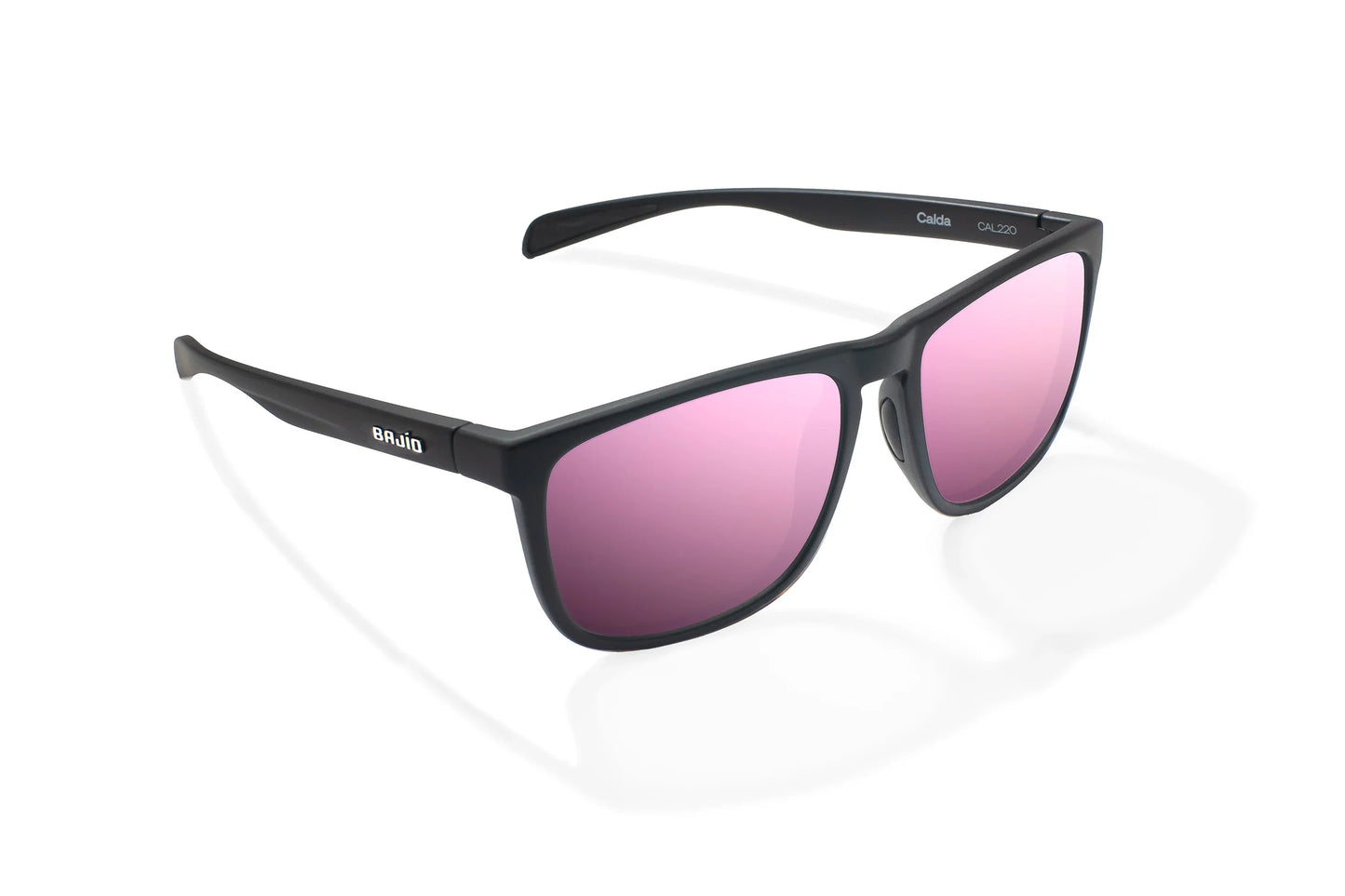 Bajio Calda Sunglasses - Angled View, Black Matte Frame with Rose Mirror Lens