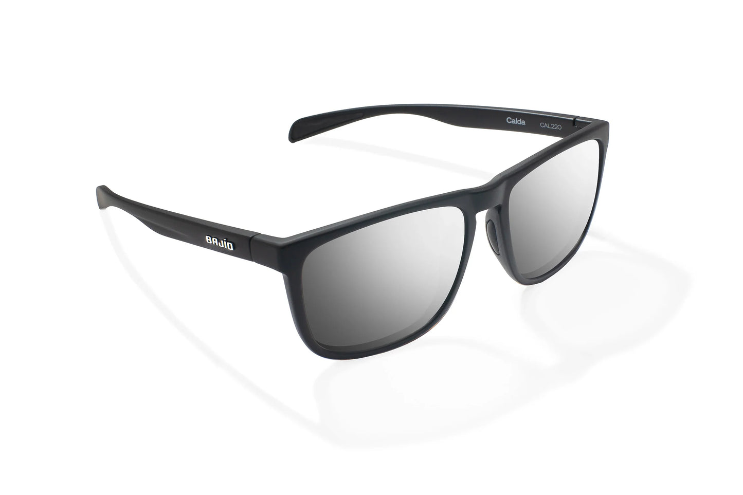 Bajio Calda Sunglasses - Angled View, Black Matte Frame with Silver Mirror Lens