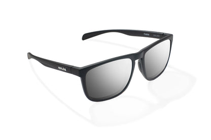 Bajio Calda Sunglasses - Angled View, Black Matte Frame with Silver Mirror Lens