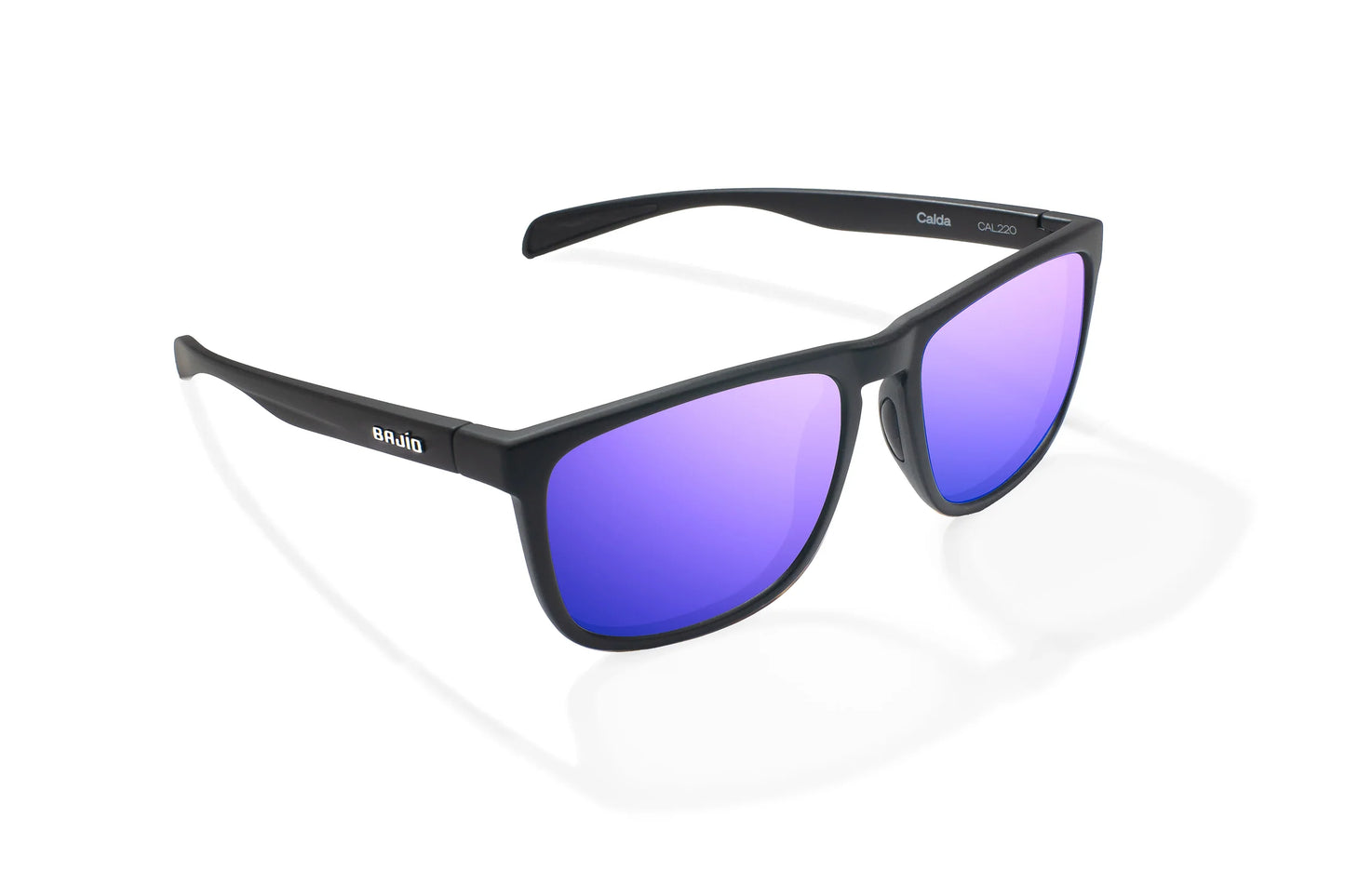 Bajio Calda Sunglasses - Angled View, Black Matte Frame with Violet Mirror Lens