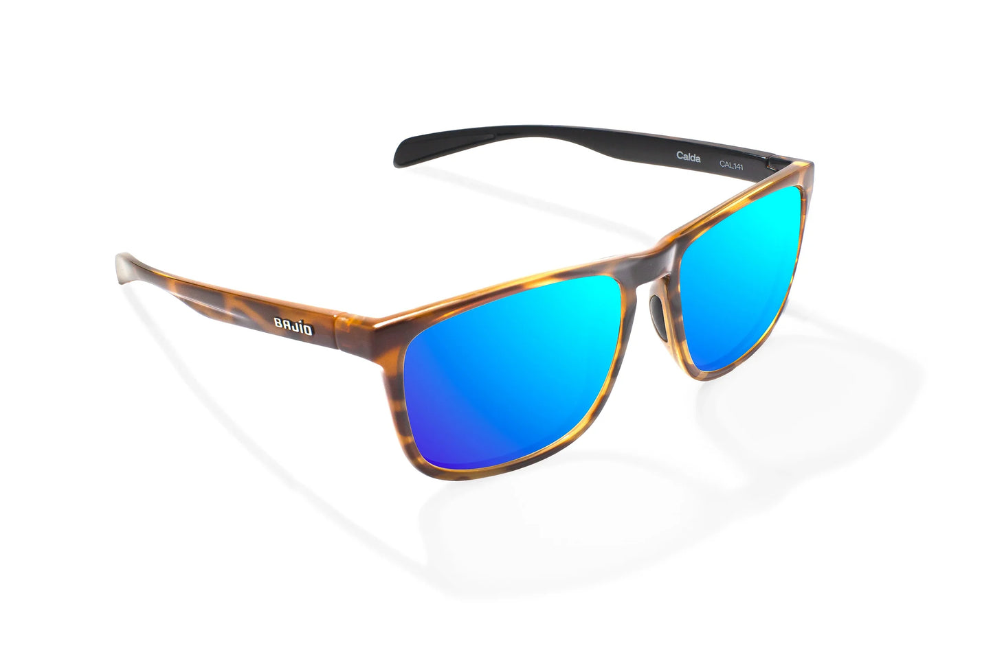 Bajio Calda Sunglasses - Angled View, Brown Tortoise Gloss Frame with Blue Mirror Lens