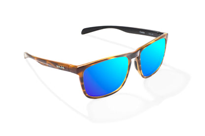 Bajio Calda Sunglasses - Angled View, Brown Tortoise Gloss Frame with Blue Mirror Lens