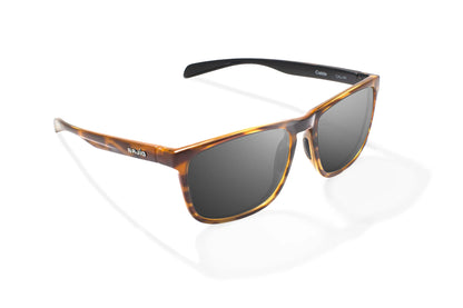 Bajio Calda Sunglasses - Angled View, Brown Tortoise Gloss Frame with Gray Lens