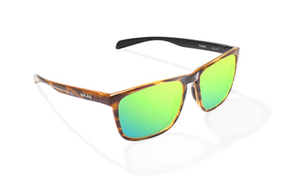 Bajio Calda Sunglasses - Angled View, Brown Tortoise Gloss Frame with Green Mirror Lens