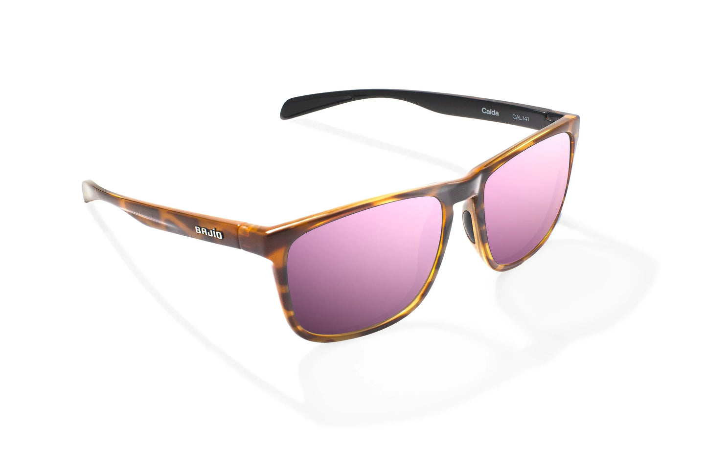 Bajio Calda Sunglasses - Angled View, Brown Tortoise Gloss Frame with Rose Mirror Lens