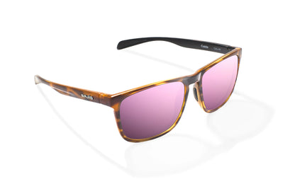 Bajio Calda Sunglasses - Angled View, Brown Tortoise Gloss Frame with Rose Mirror Lens