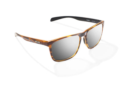 Bajio Calda Sunglasses - Angled View, Brown Tortoise Gloss Frame with Silver Mirror Lens