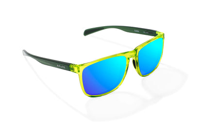 Bajio Calda Sunglasses - Angled View, Green Glass Gloss Frame with Blue Mirror Lens