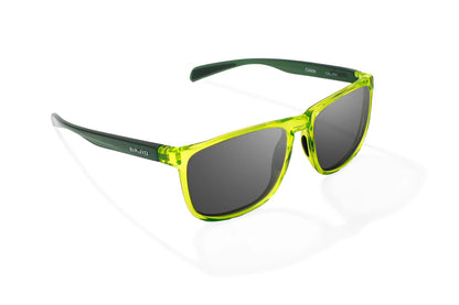 Bajio Calda Sunglasses - Angled View, Green Glass Gloss Frame with Gray Lens